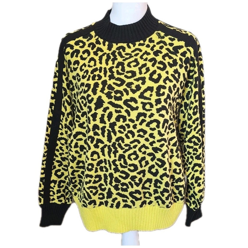 Central Park West Sweater Womens Medium Neon Yellow Leopard Ribbed Crewneck Cozy
